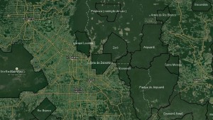 Seen from above, indigenous territories in the Arc of Deforestation appear as islands of emerald in seas of gray-green degradation. It's as stark an illustration as you'll find of the vital role that indigenous people play as guardians of the rainforest, but it's a role that takes its toll on the people themselves. The Sete de Setembro territory is in the center, with Igarape Lourdes to the northwest and the Zoro territory to the northeast.