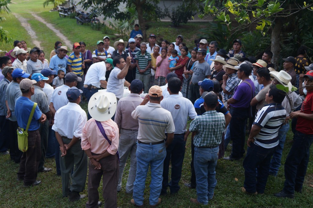 Farmers receiving technical training at a community meeting in Lachua, Guatemala.